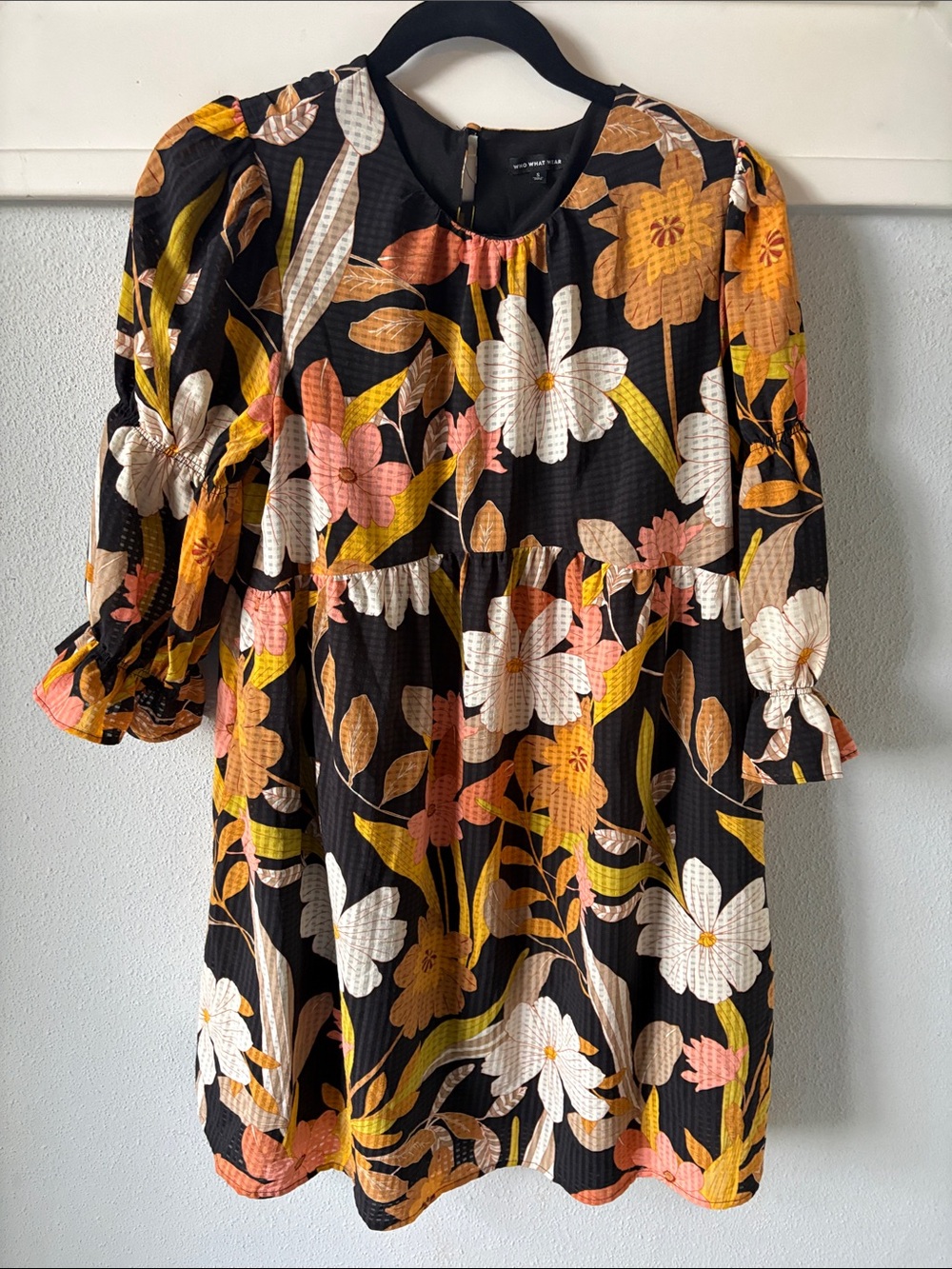 Who What Wear Black Mini Dress with Yellow, Cream & Pink Floral Print